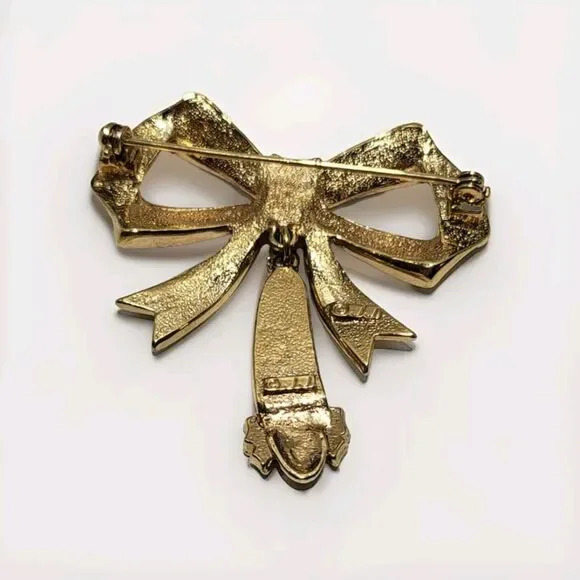JJ Jonette Gold tone Ribbon Bow Rhinestone Ballet Slipper Vintage Signed Brooch - Picture 5 of 6